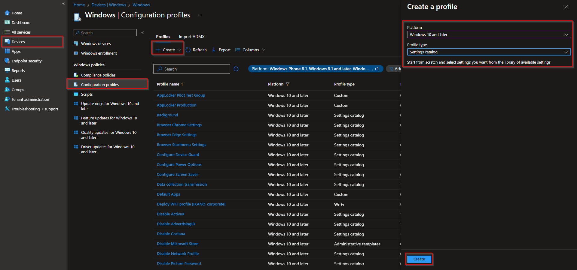 Creating a new configuration profile in Microsoft Intune